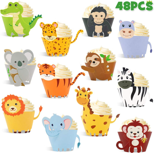48 Pcs Jungle Safari Animal Cupcake Wrappers Wild Party Cake Decorations Jungle Wild Cake Wrappers