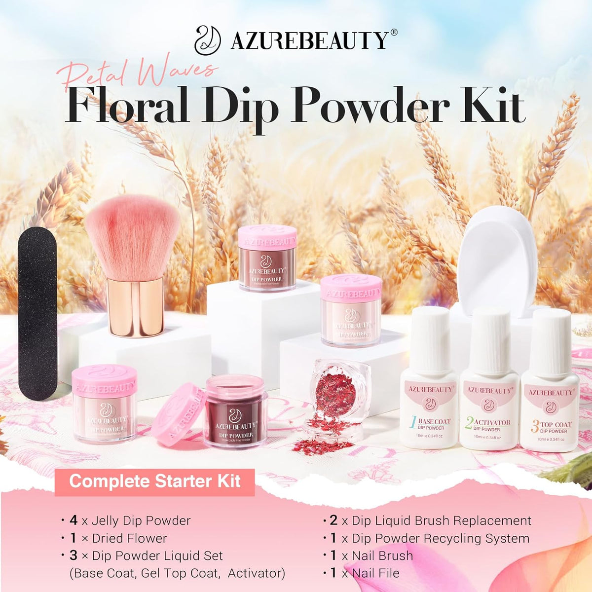 AZUREBEAUTY Dip Powder Nail Kit, 4 Colors Jelly Transparent with Dried Flower Set, Nude Brown