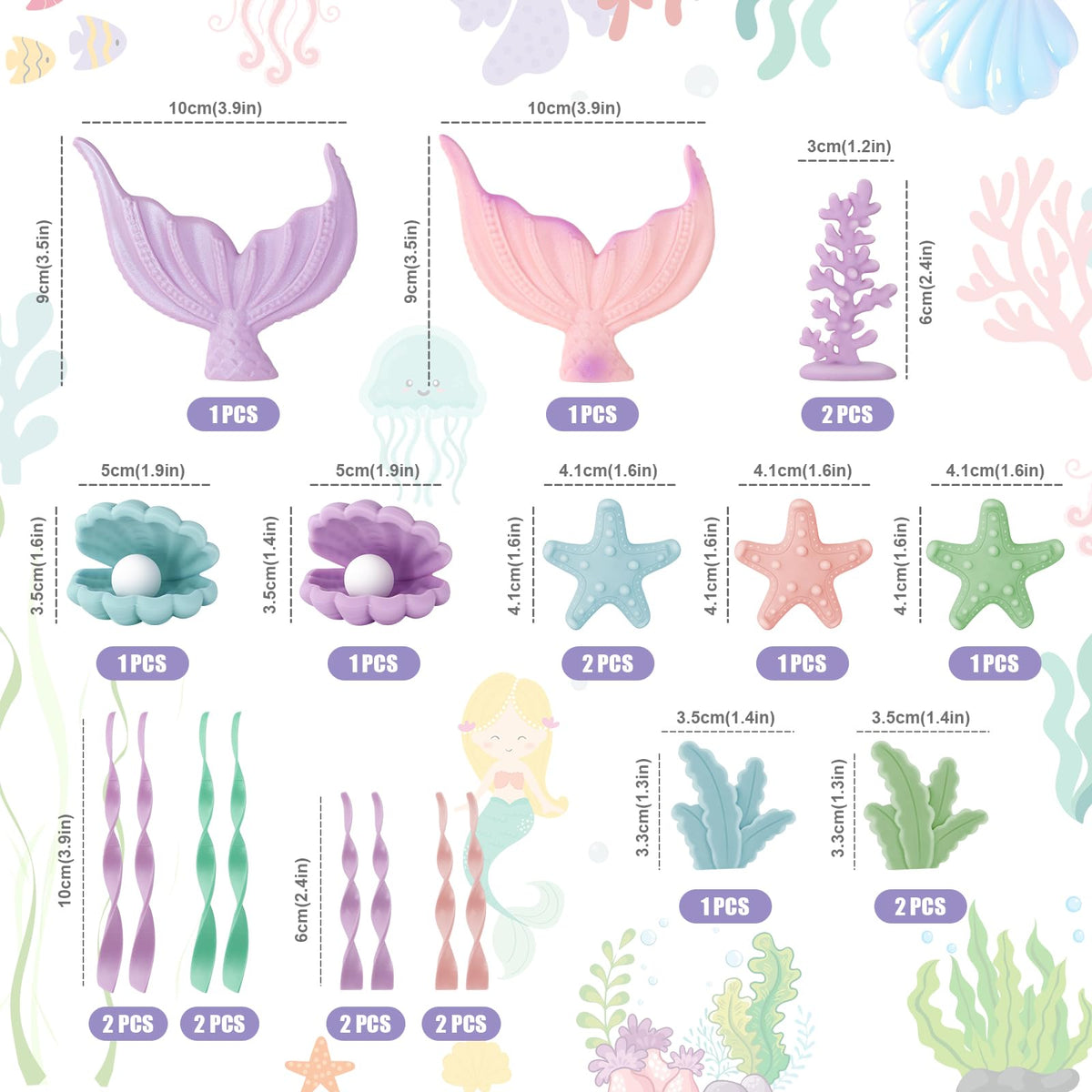 21pcs Mermaid Cake Topper - Mermaid Tail Cake Decorations with Seaweed Shells Starfish Coralal