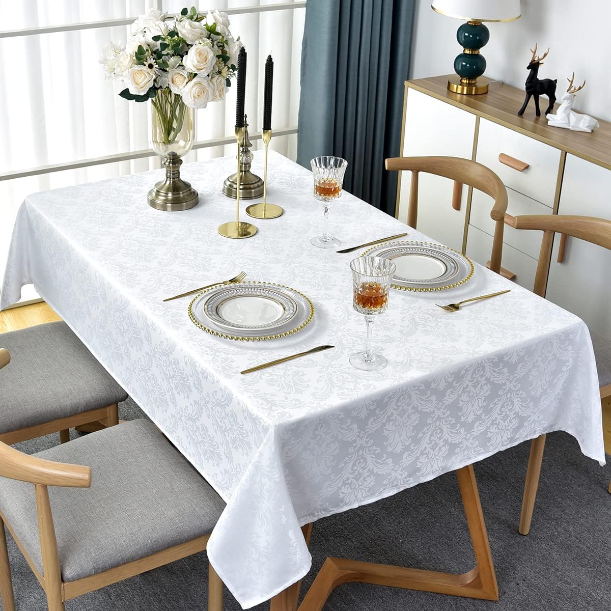 SASTYBALE White Tablecloth Rectangle 60 x 102 Inch Jacquard Damask Tablecloth, Spill Proof &