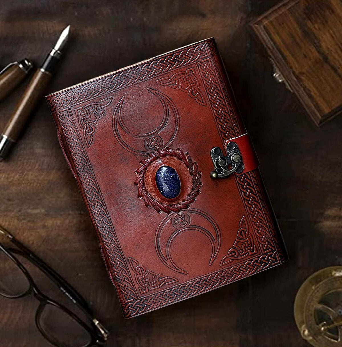cuero 3 Moon Blue Lapiz Embossed Vintage Leather Journal for Men & Women - 140 Pages, Antique