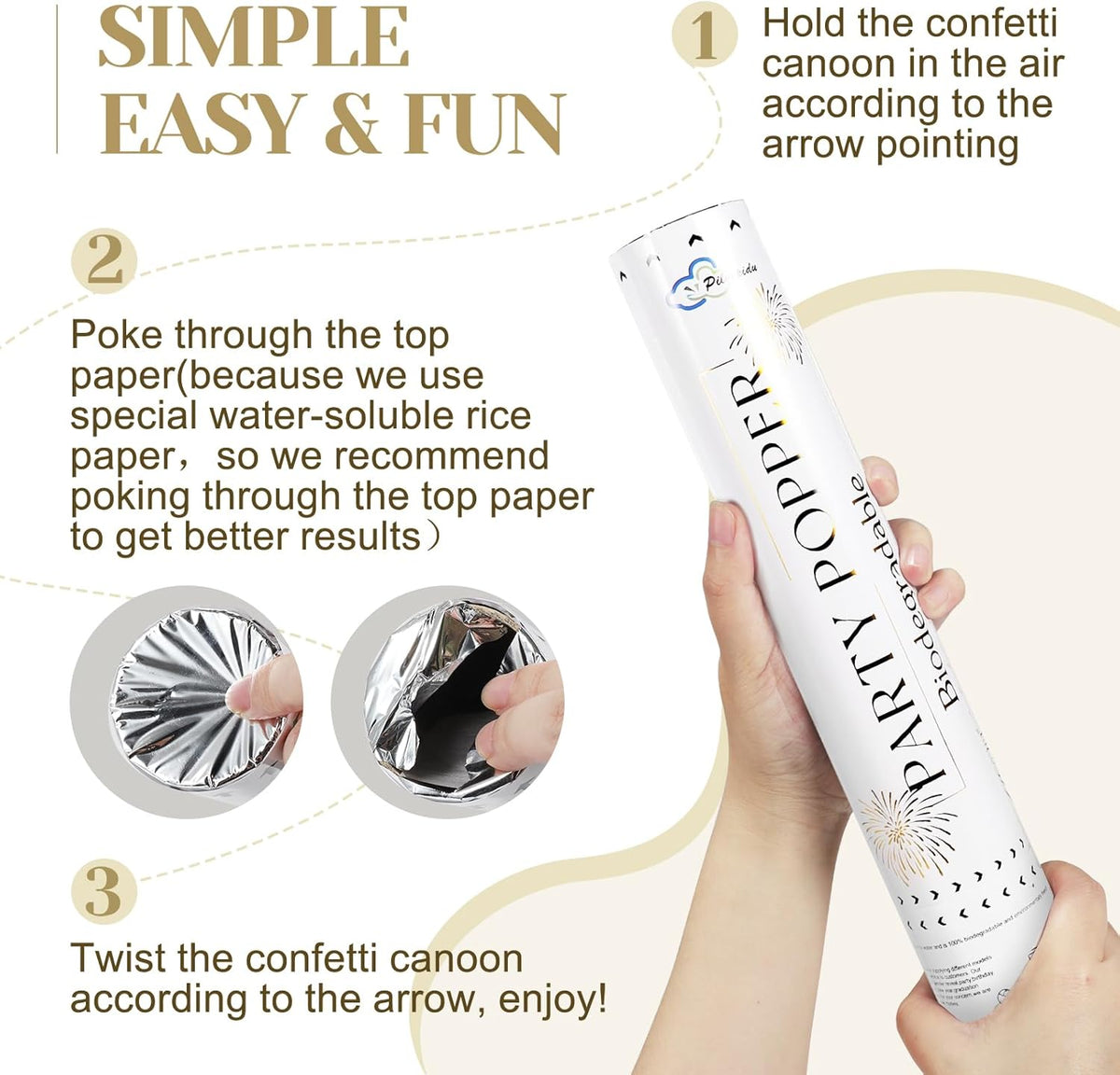 White Mix Gold Rice Confetti Cannon,6Pack Biodegradable Mulitcolor Confetti Poppers Party