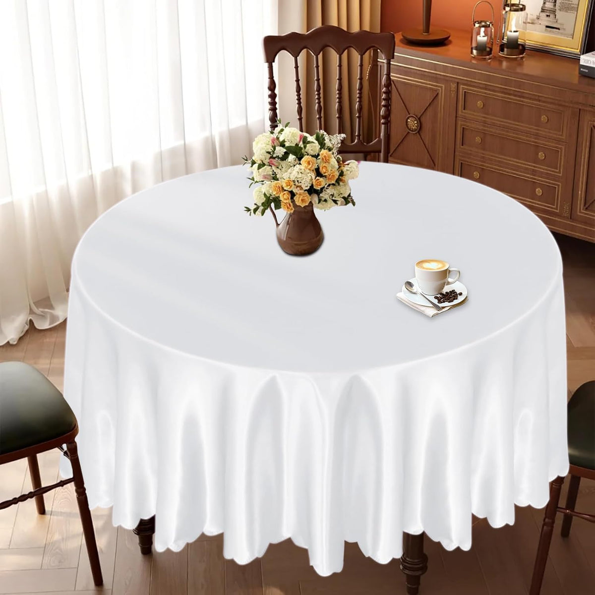 KKJIAF 1 Pack Round Table Cloths 90 Inch, White Overlay Round Satin Table Cover, Silky Satin Dining