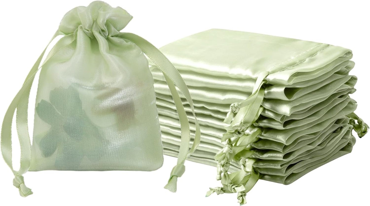 20 Pcs Light Green Small Organza Bags 3X4 inch for Wedding Favors with Drawstring, Mini Mesh Gift
