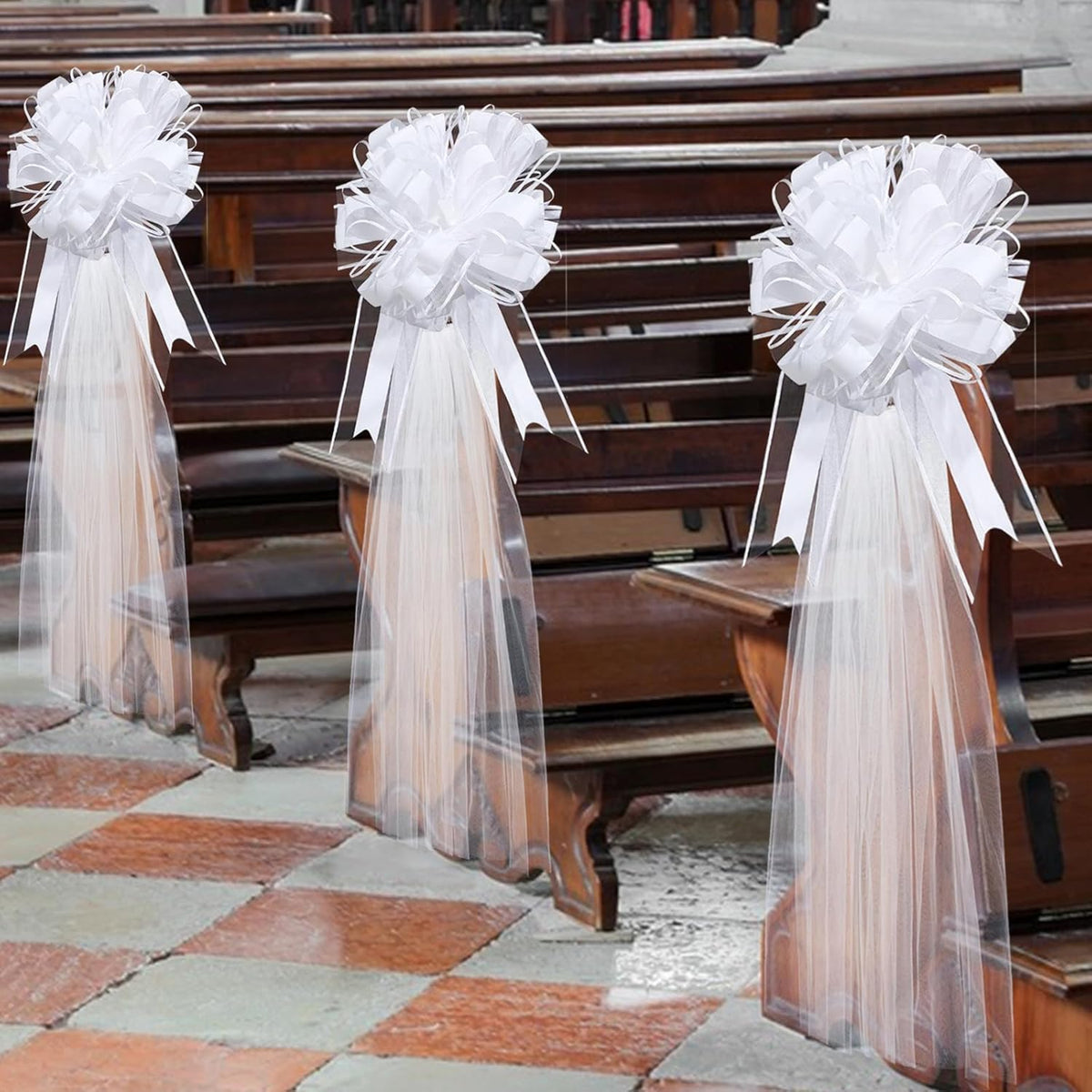 30 Set Wedding Pew Bows with Long Tulle Tails Wedding Aisle Decorations Church Chair Aisle