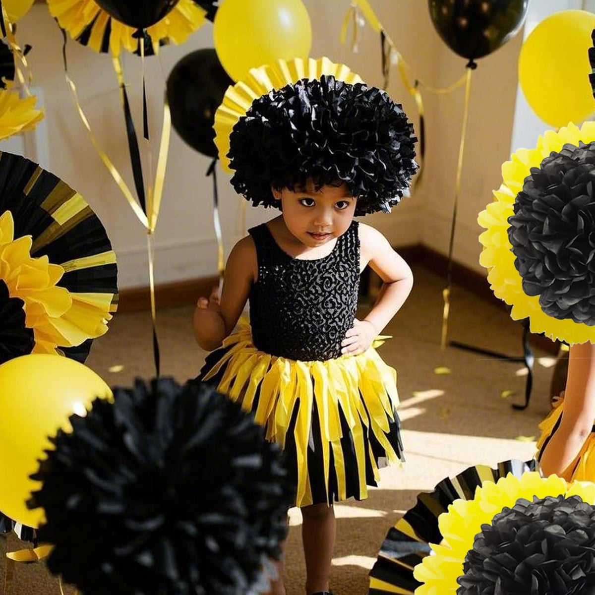Capesaro Black and Yellow Tissue Paper Pom Poms, 15PCS Tissue Paper Flowers for Birthday Party