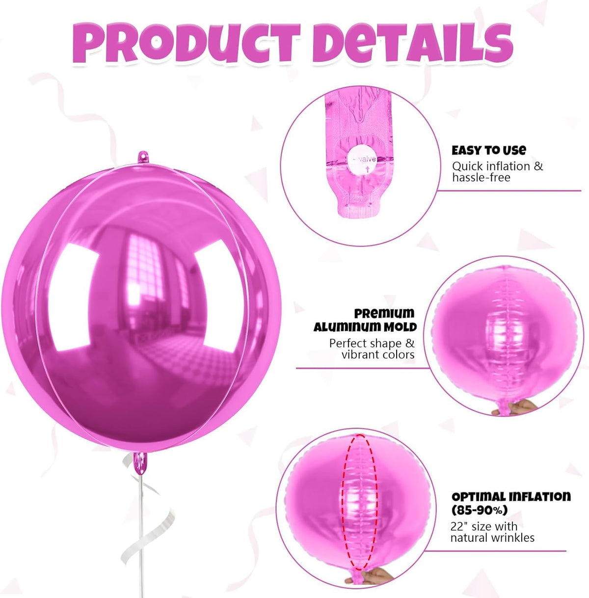 Giant 4D Foil Balloons, 6 Pcs Large Hot Pink Metallic Round Balloons, 22 Inch Big Round Hot Pink