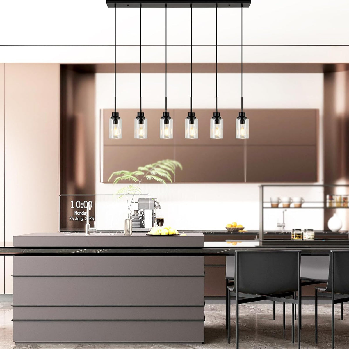 6 Lights Island Lights for Kitchen Modern Industrial Black Linear Chandeliers with Clear Glass