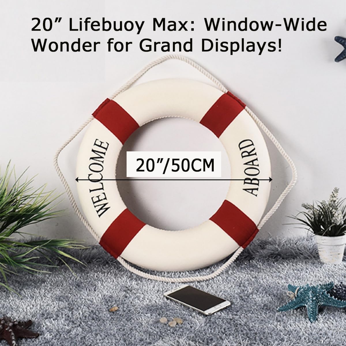 MorroMorn Lifebuoy Wall Hanging Decor - Welcome Aboard Mediterranean Style Home Decoration (Red