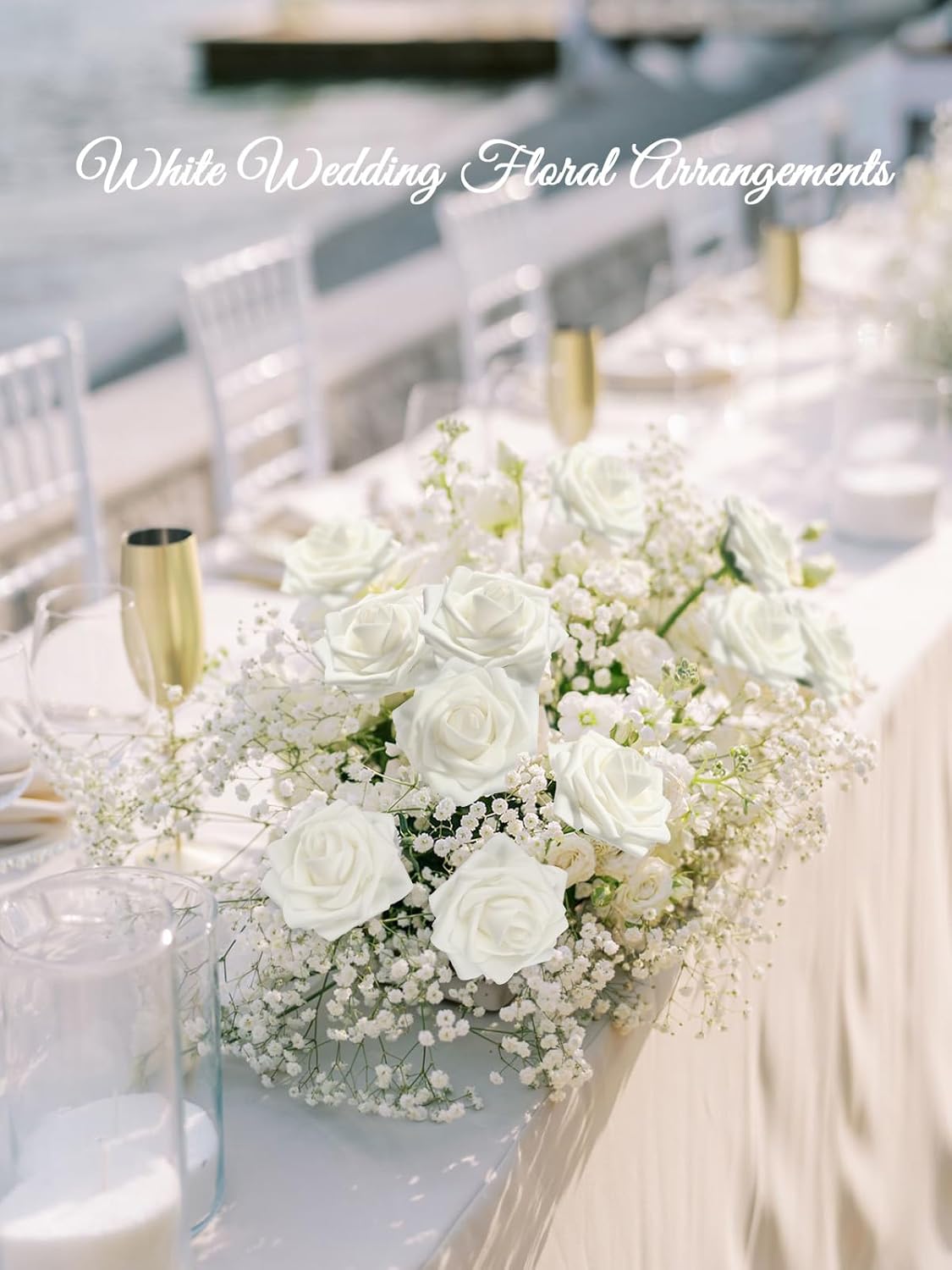 N&T NIETING Artificial Flowers, 25pcs Fake Flowers White Rose Perfect for DIY Wedding Bridesmaid