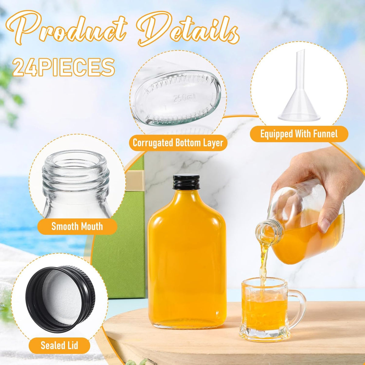 Gejoy 24 Pcs Mini Liquor Bottles Reusable Glass Flask Bottles with Black Caps Clear Empty Alcohol