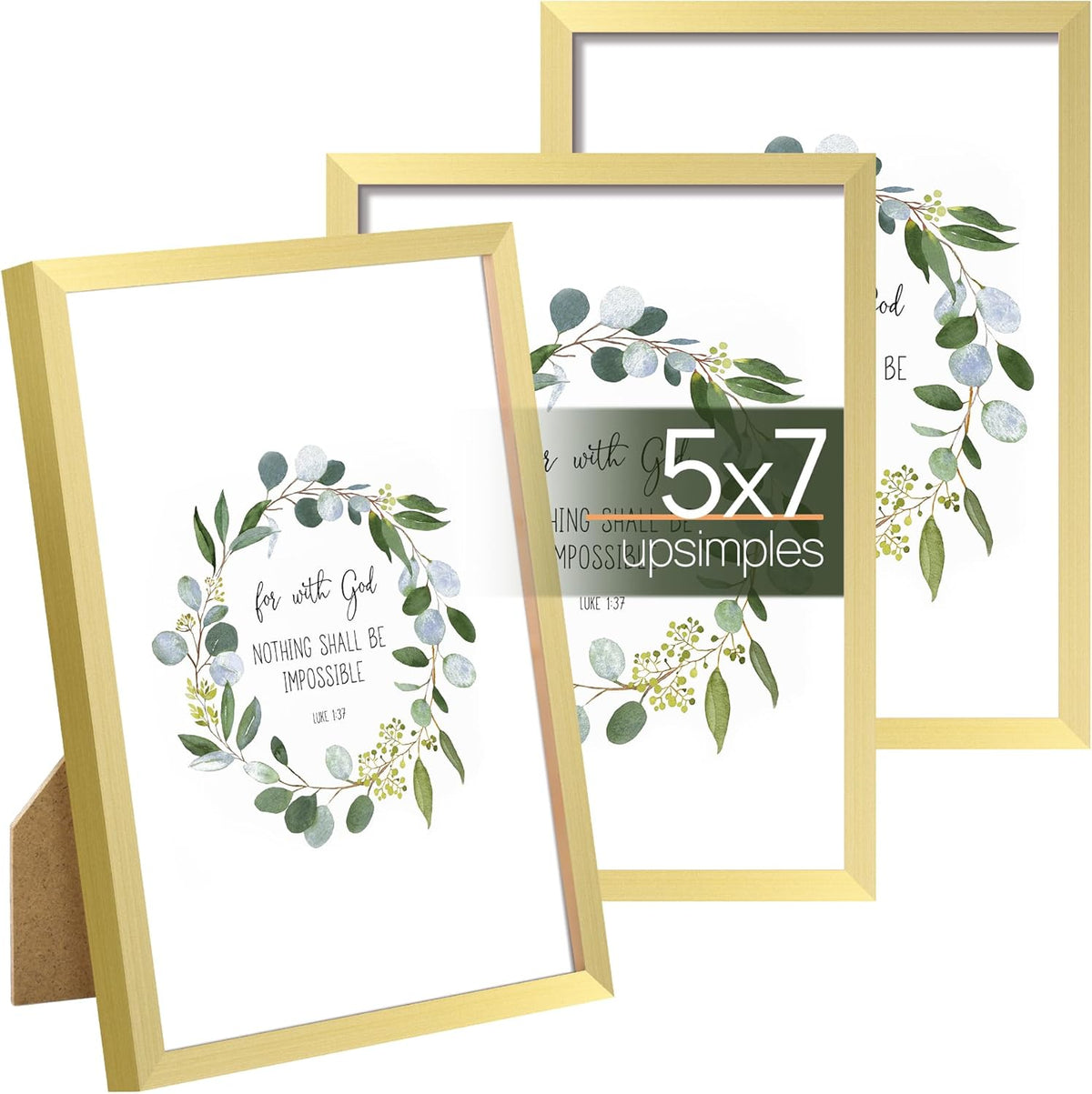 upsimples 5x7 Picture Frame Set of 3, Made of High Definition Glass for 5 x 7 Gold Frames, Wall and