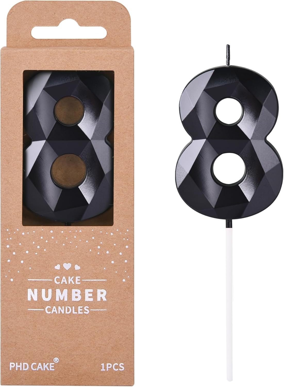 PHD CAKE 2.76 Inch Crystal Black 8 Number Birthday Candles, Red Number Candles, Cake Number
