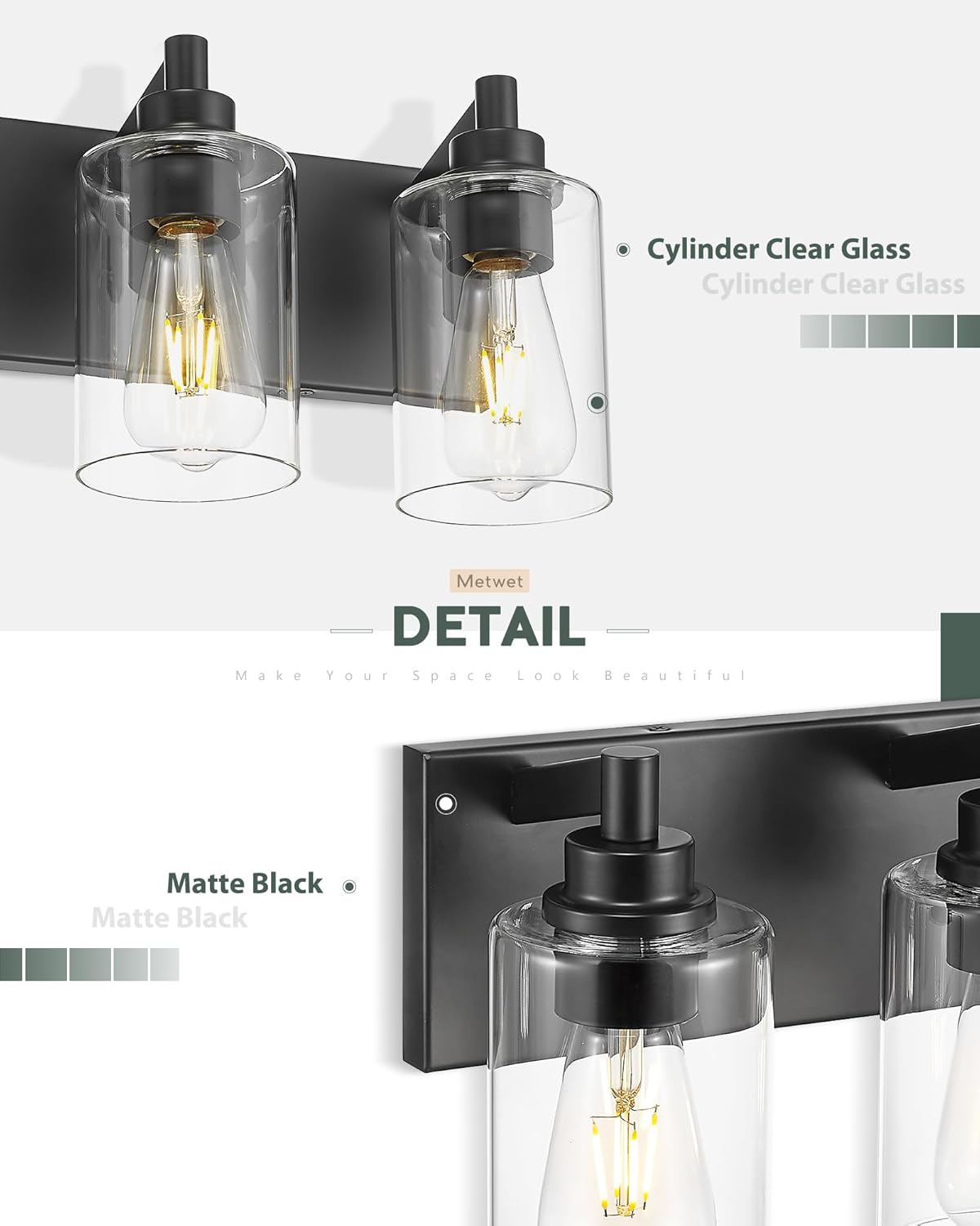 4-Light Bathroom Light Fixtures, Black Vanity Light with Cylinder Clear Glass Shade, Modern Vanity