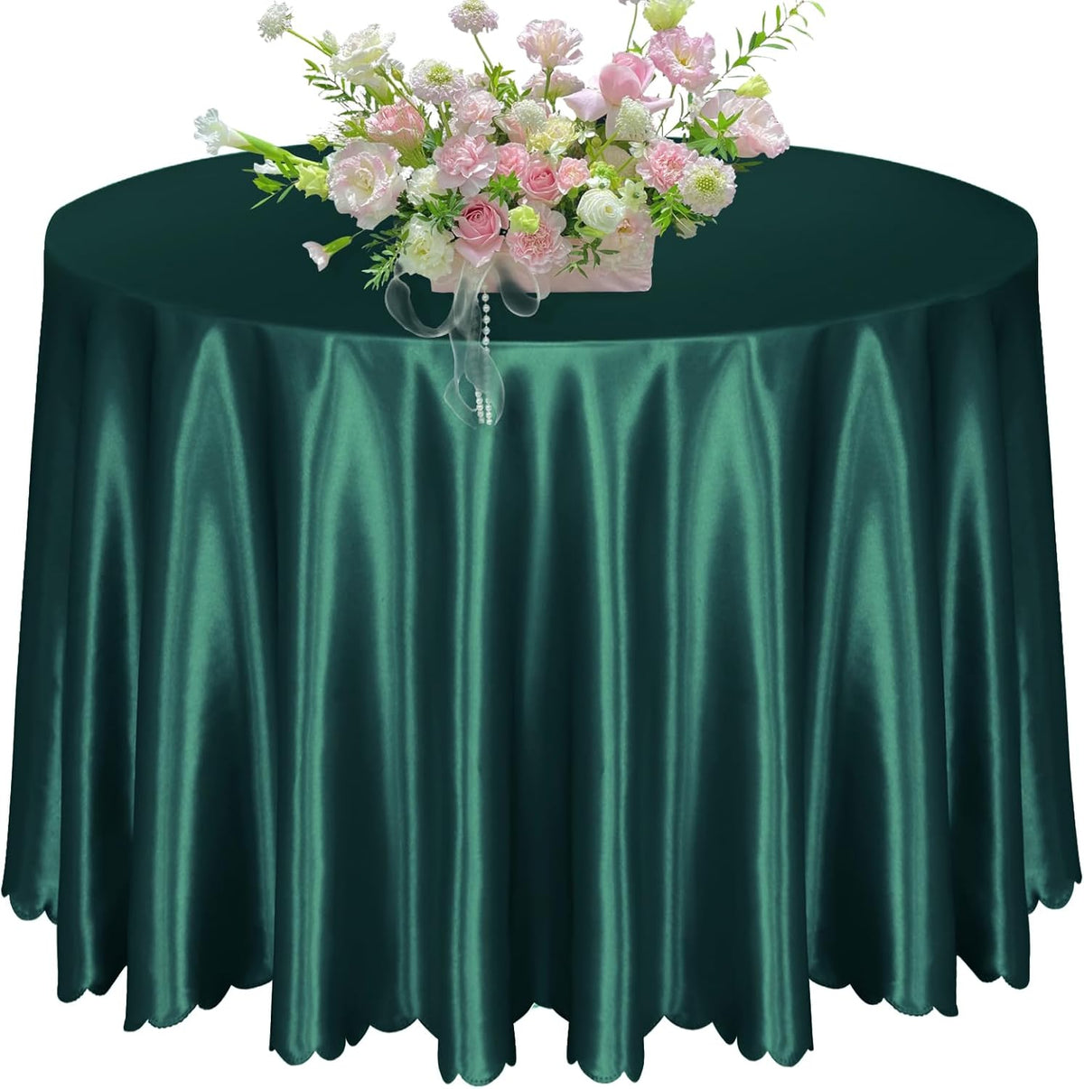 KKJIAF 1 Pack 108 Inch Round Table Cloth, Hunter Green Overlay Round Satin Table Cover, Silky Satin