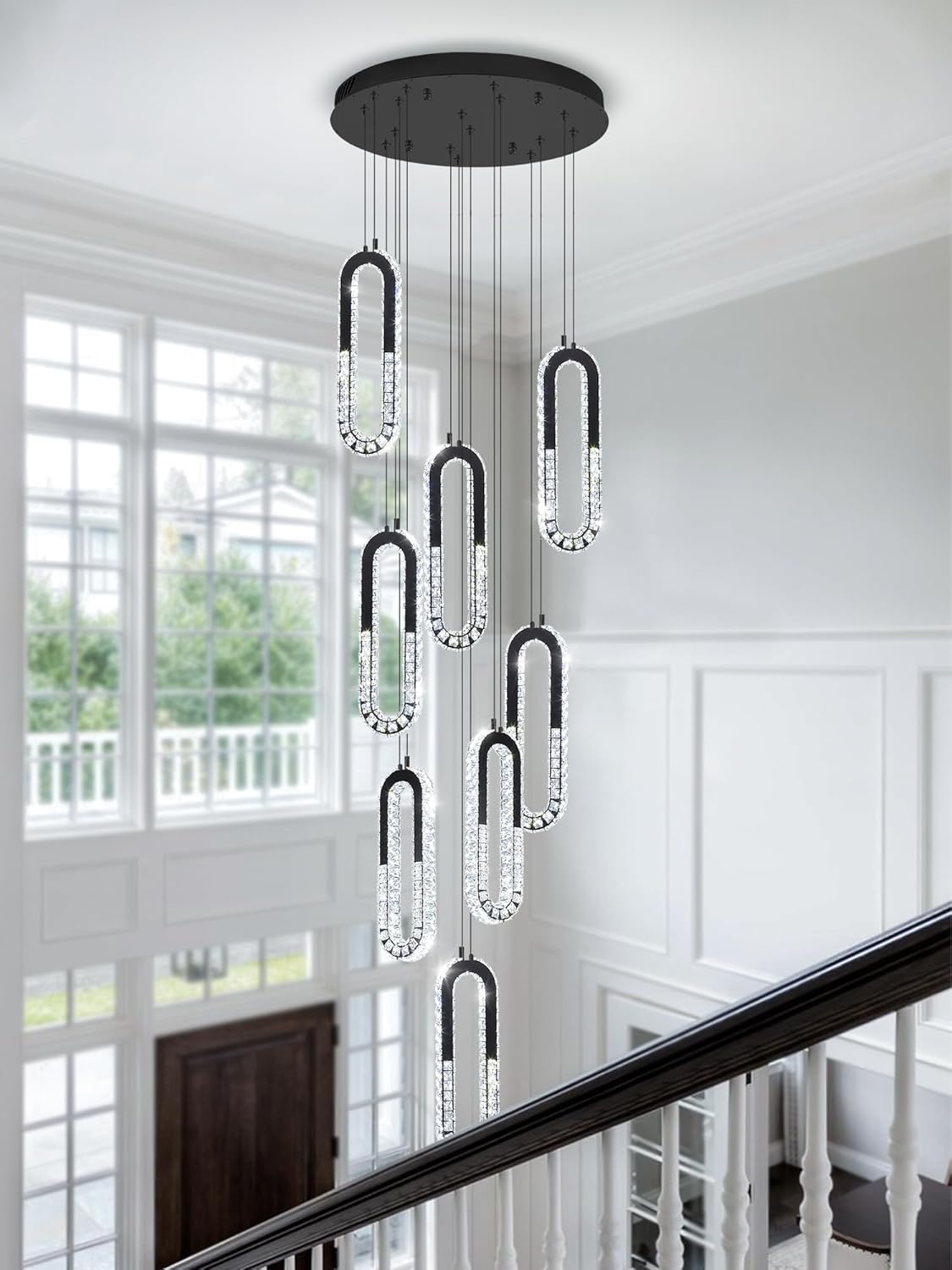 8 Rings Crystal Chandelier,H 118" Modern Black Pendant Light Luxury Foyer Lighting Fixture High