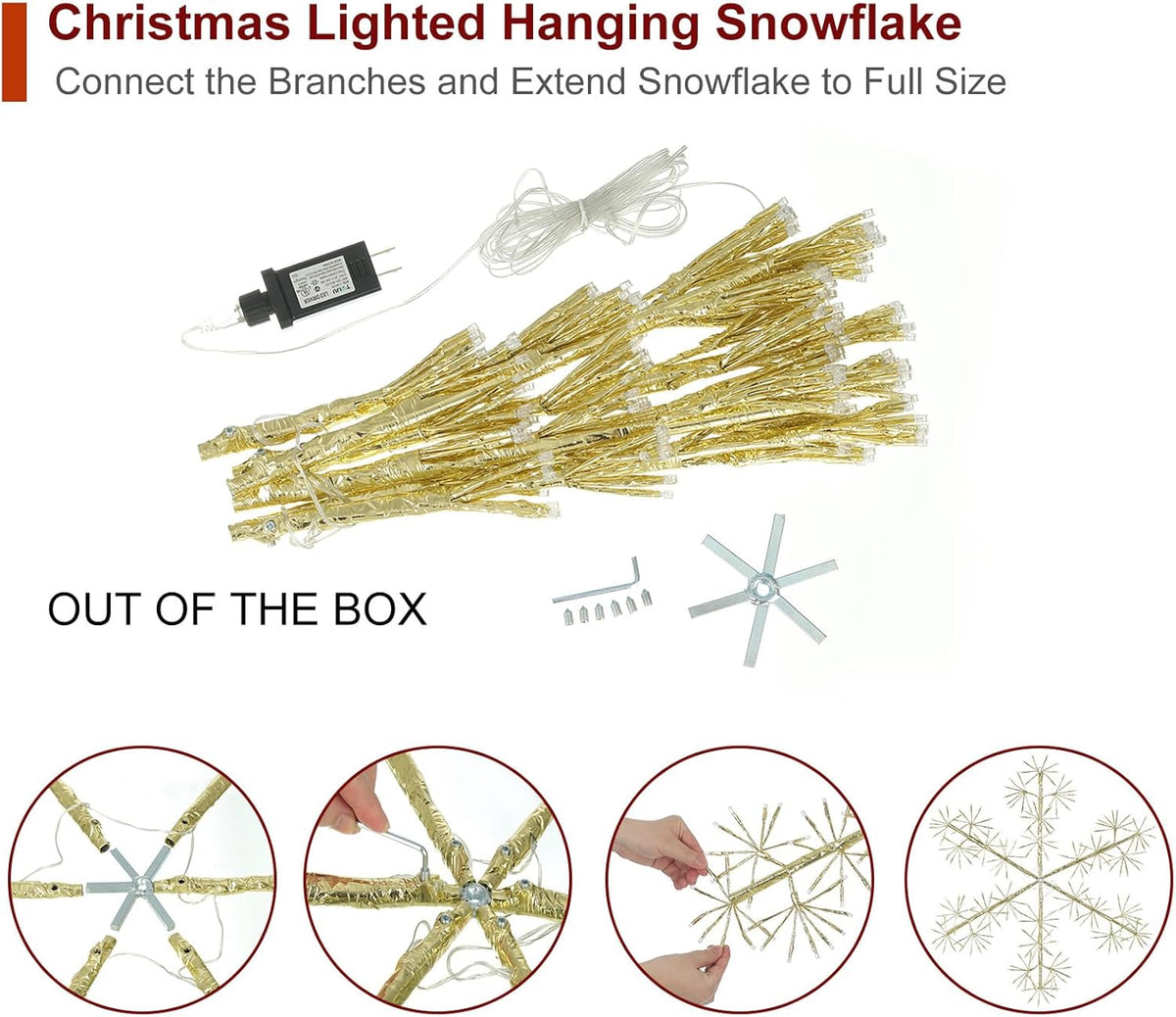 30’’ Christmas Snowflake Lights Outdoor, Pre-lit 240Pcs Warm White LEDs Hanging Golden Snowflake