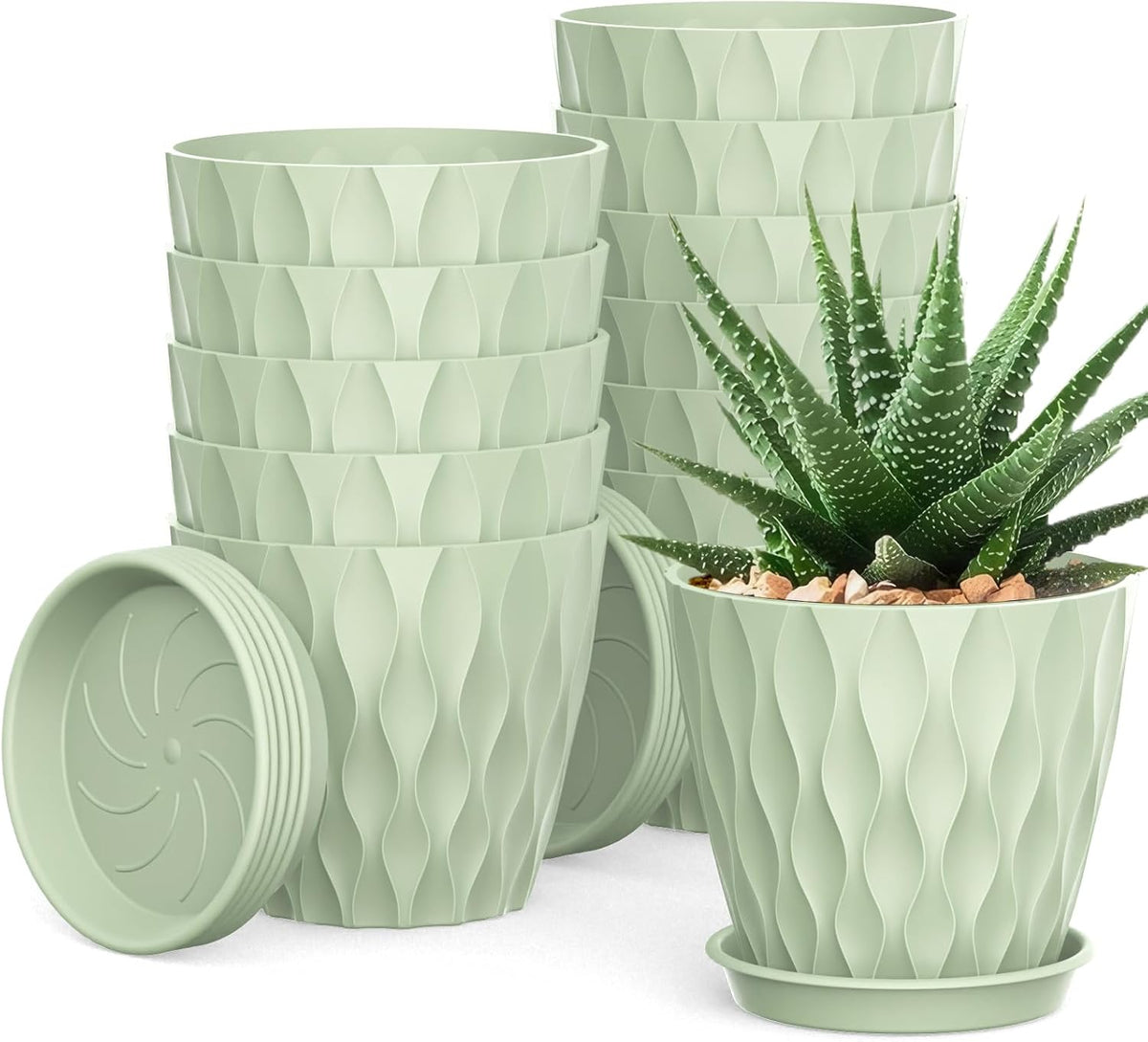 12 Pack 4 Inch Small Plant Pots with Saucers, Waffle Texture Plastic Planters with Drainage Holes