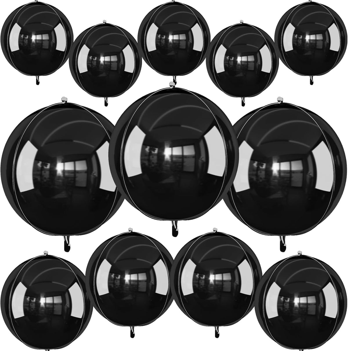 12Pcs Black Round Foil Balloons, 22" 15" 10" Metallic Black 4D Ball Balloons for Birthday
