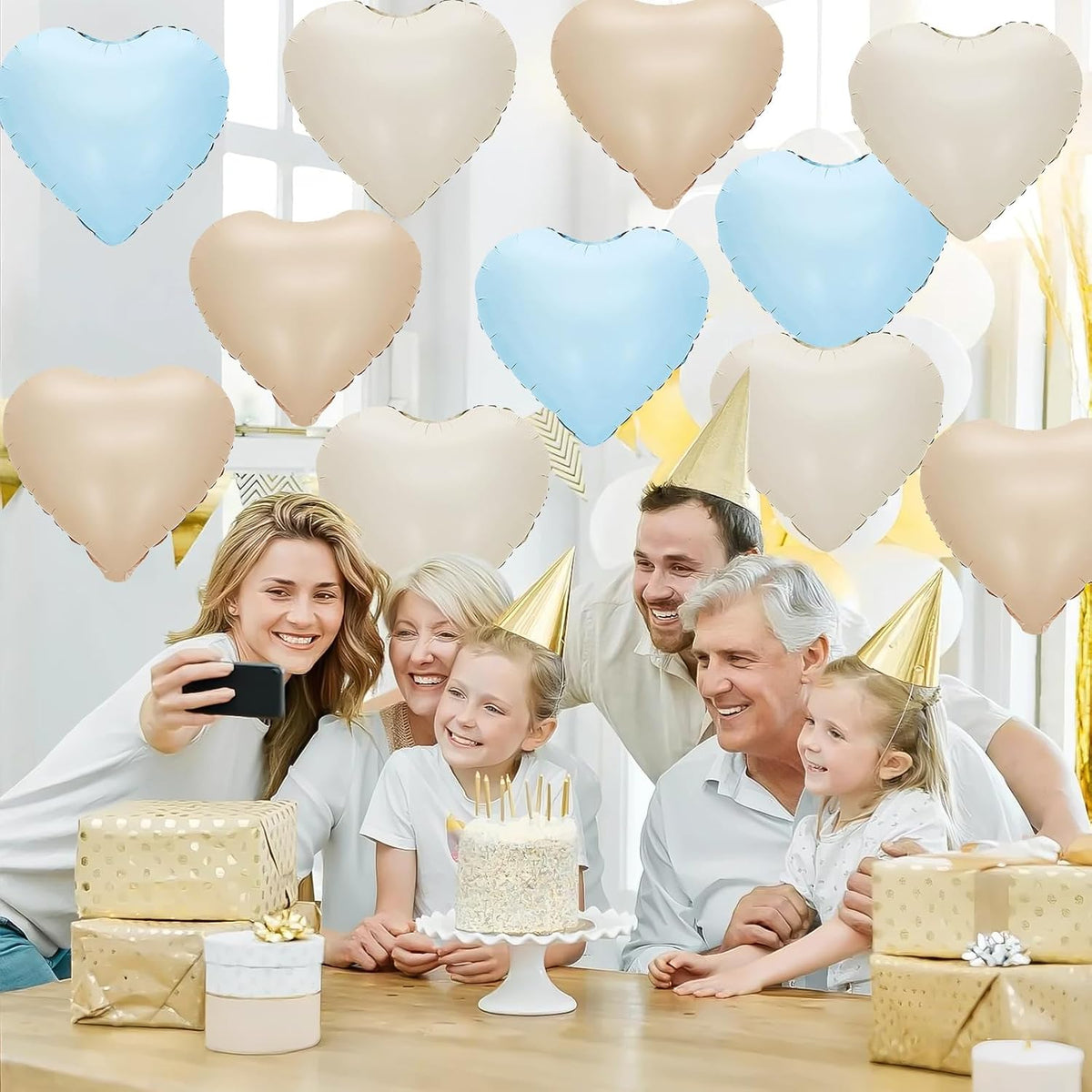 Blue Cream White Heart Balloons,12Pcs 18Inch Baby Blue Beige Apricot Nude Heart Shaped Foil Helium