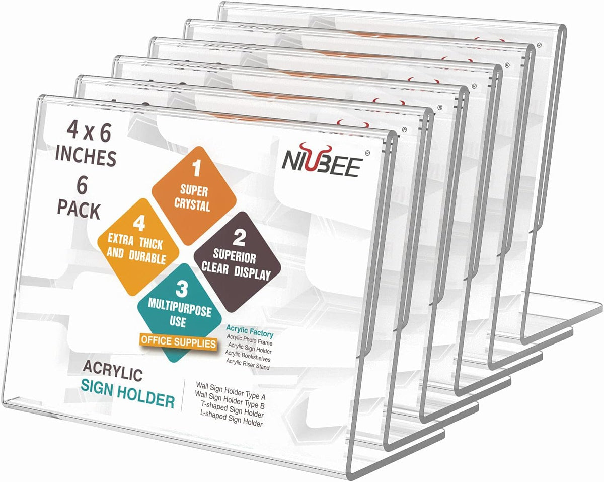 NIUBEE Slanted Back Acrylic Sign Holder 6 x 4 Inches, Clear Plastic Sign Holder Paper Display Table
