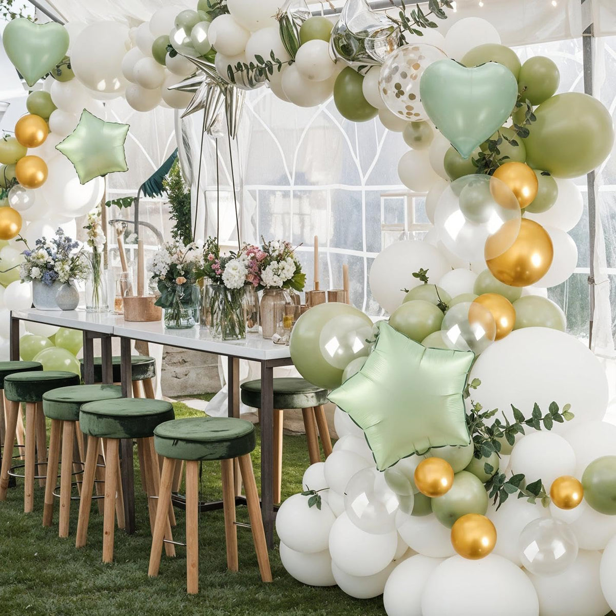 Sage Green and Gold Balloons Heart Star Balloon as Retro Olive Sage Green Baby Shower Decorations