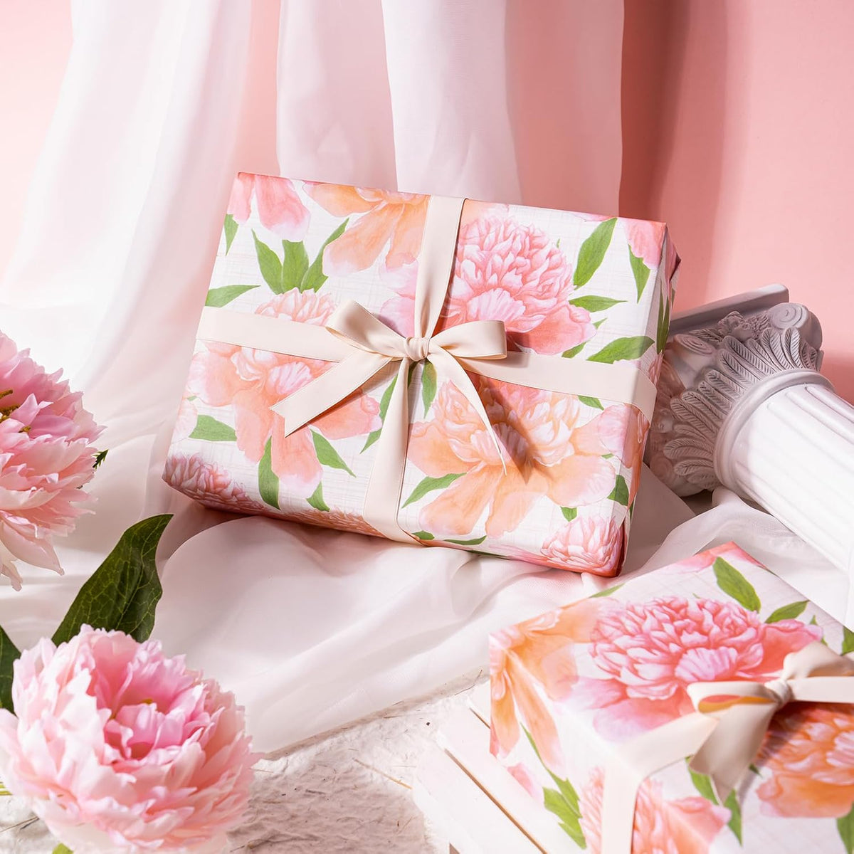 WRAPAHOLIC Floral Wrapping Paper Roll - Mini Roll - 17 Inch x 9.8 Feet - Peach Flower Wrapping