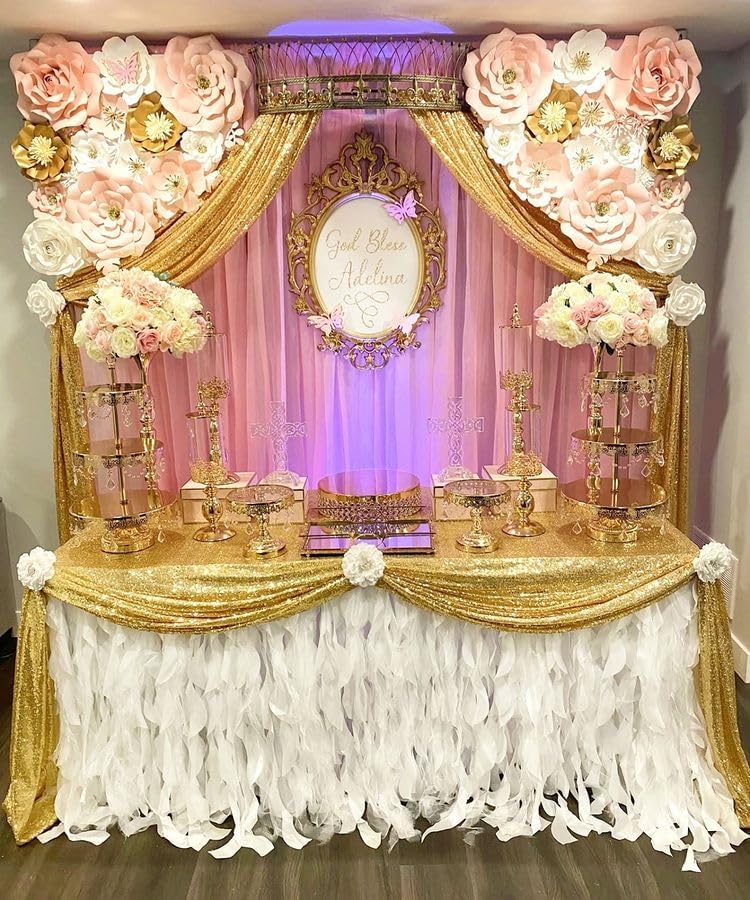 QueenDream 90x132inch Rectangle Sparkly Gold Sequin Tablecloth Wedding Glitter Tablecloth for