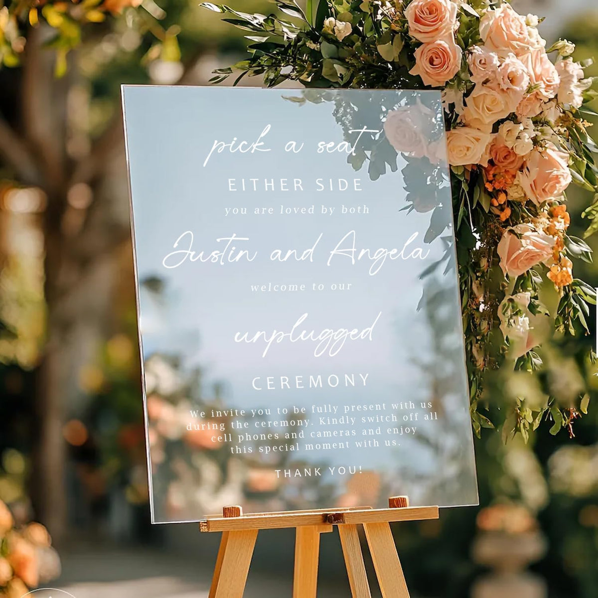 Minimalist Pick a Seat & Unplugged Wedding Sign – Custom Outdoor Yard Sign – Black and White Script
