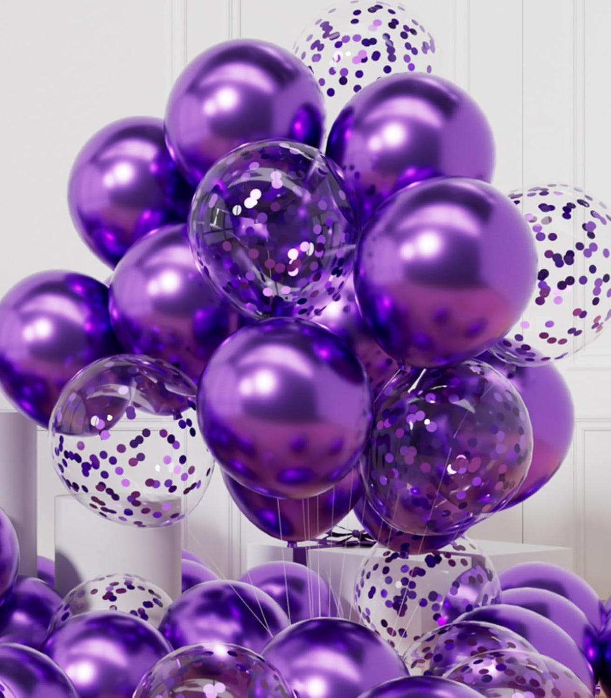AULE Party Balloons Pack of 42 - Metallic Balloons & Confetti Balloons and 64ft Ribbons - 12 Inch