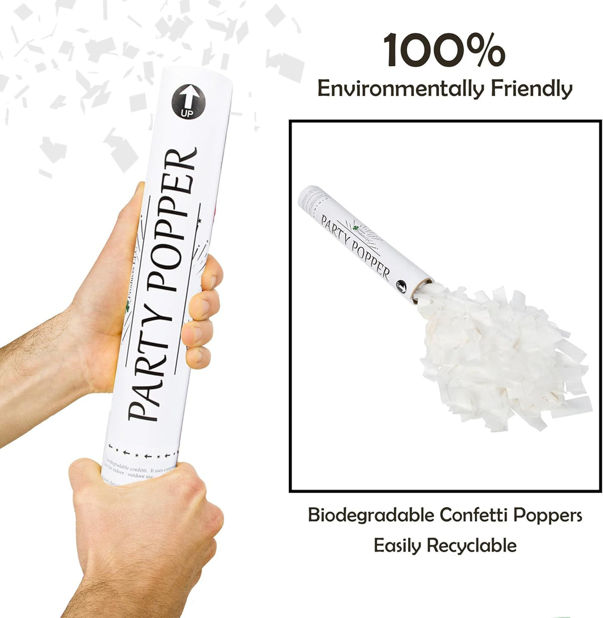 Clover Products 12" Biodegradable Confetti Cannons | 6 Pack | White Poppers for Weddings, Birthdays