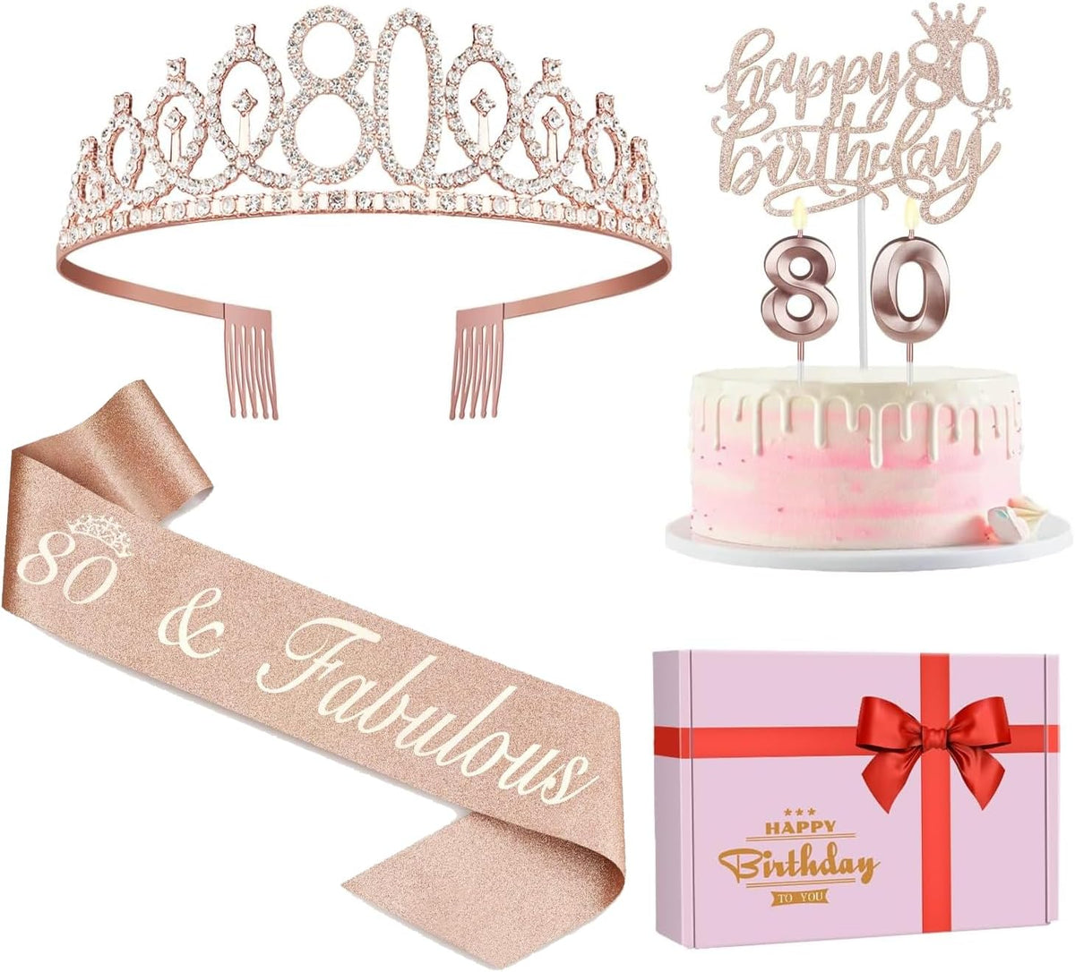80th Birthday Decorations for Women, Including 80th Birthday Sash and Crown, Cake Topper and