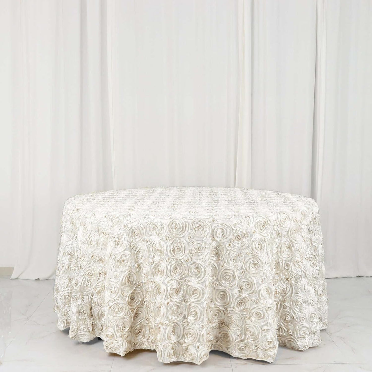 Efavormart 120" Wholesale Round Table Cover Ivory Grandiose Rosette 3D Satin Tablecloth for Wedding