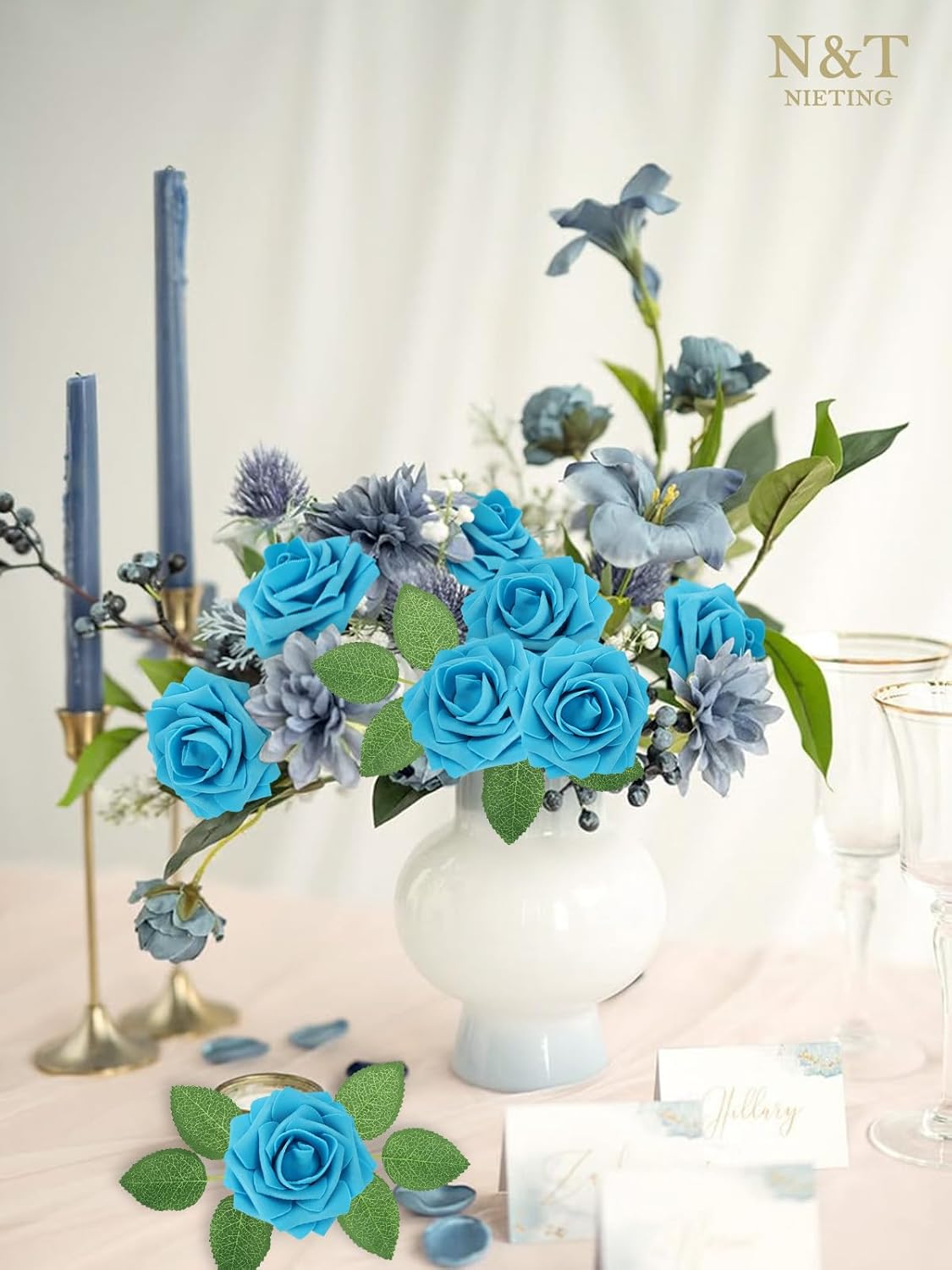 N&T NIETING Artificial Flowers, 25pcs Fake Flower Roses with Stem for DIY Wedding Bouquets