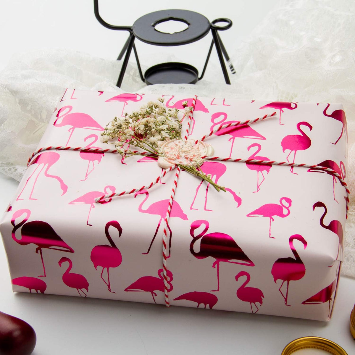 WRAPAHOLIC Wrapping Paper Roll - Mini Roll - 17 Inch X 33 Feet - Pink with Fuschia Foil Flamingo