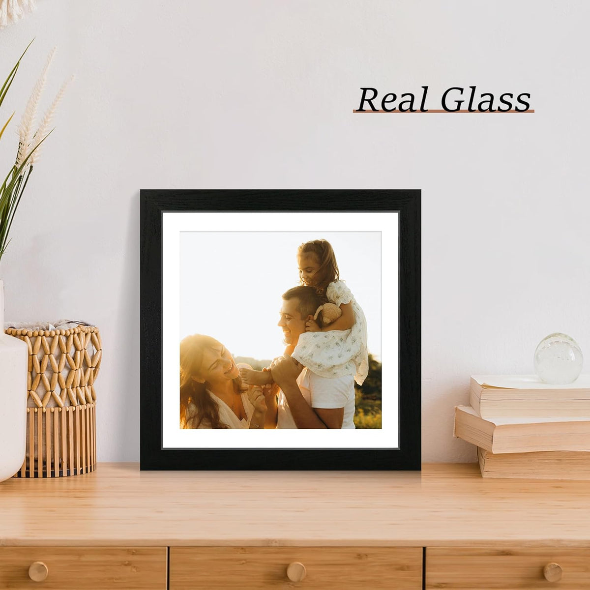 12x12 Picture Frame Set of 4 with Tempered Glass, Black Frame Display 10x10 Picture with Mat or 12