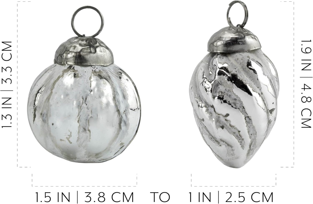 AuldHome Mercury Glass Finial Ornaments (Set of 12, Silver White, Small); Distressed Metal Antique