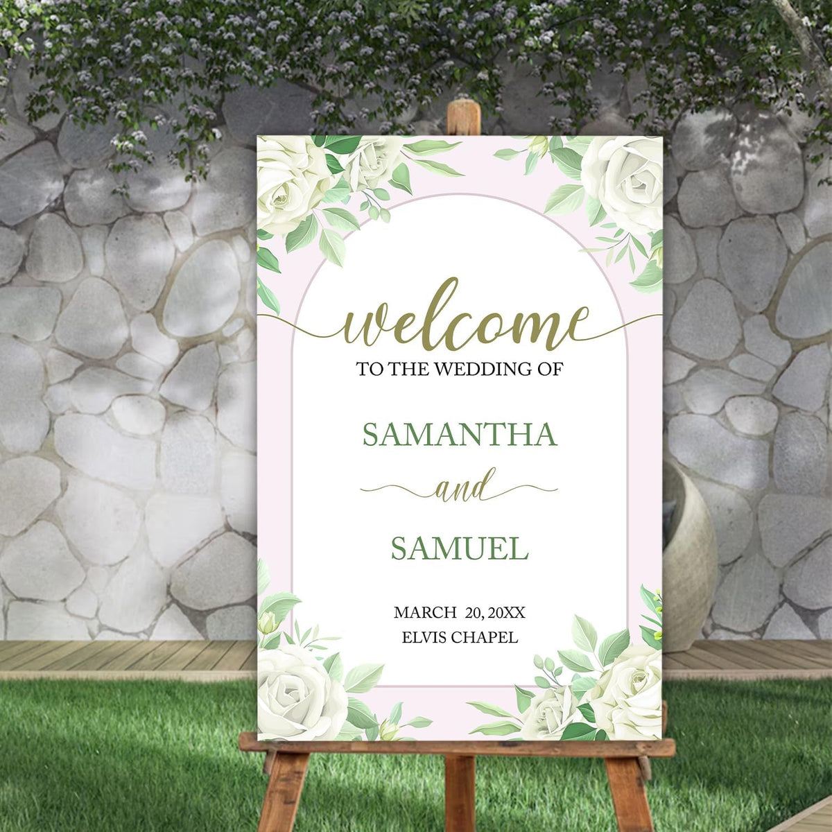 Editable Greenery Wedding Welcome Sign Template, Printable White Floral Sign for Ceremony or