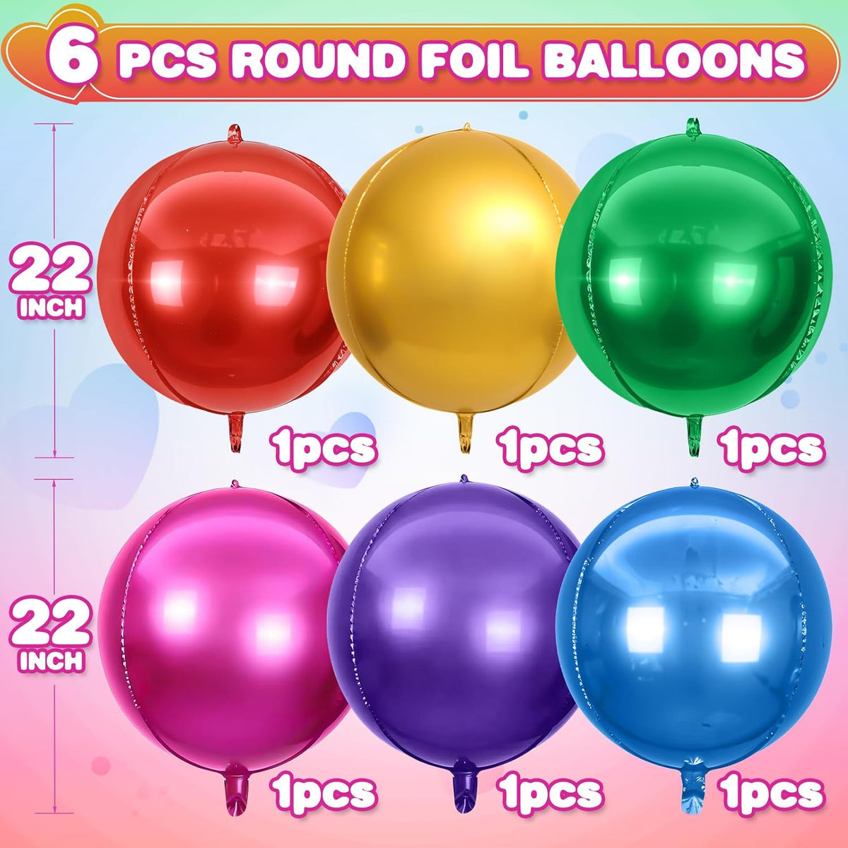 6Pcs Colorful Round Foil Balloons,Giant 4D Round Ball Balloon,22 Inch Large Balloons for Birthday