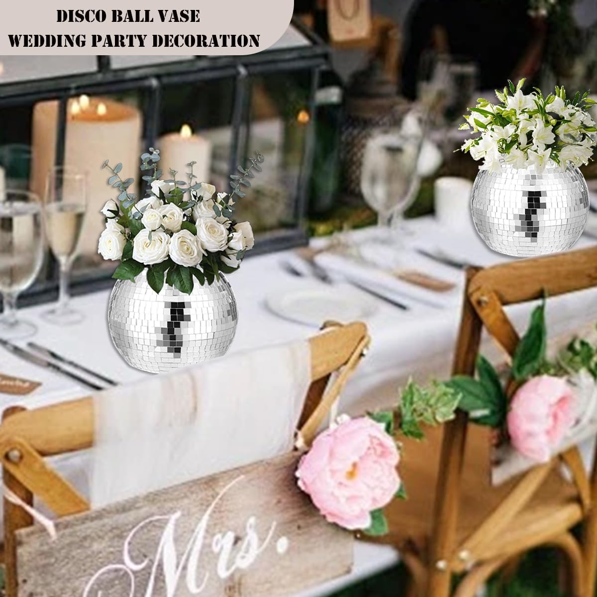 6 Pcs Disco Ball Vase,Plastic Disco Ball Centerpieces Silver Disco Ball Planter Mirror Disco Ball