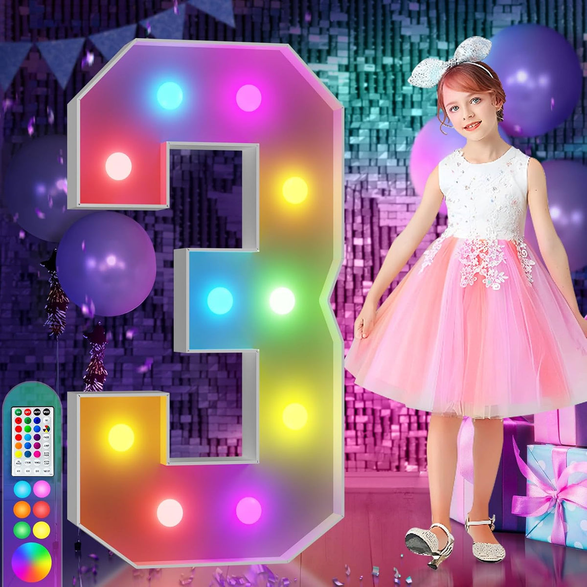 imprsv 4FT Colorful Marquee Numbers,18 Colors Number 3 with Remote, Light Up Numbers Sign for 30th