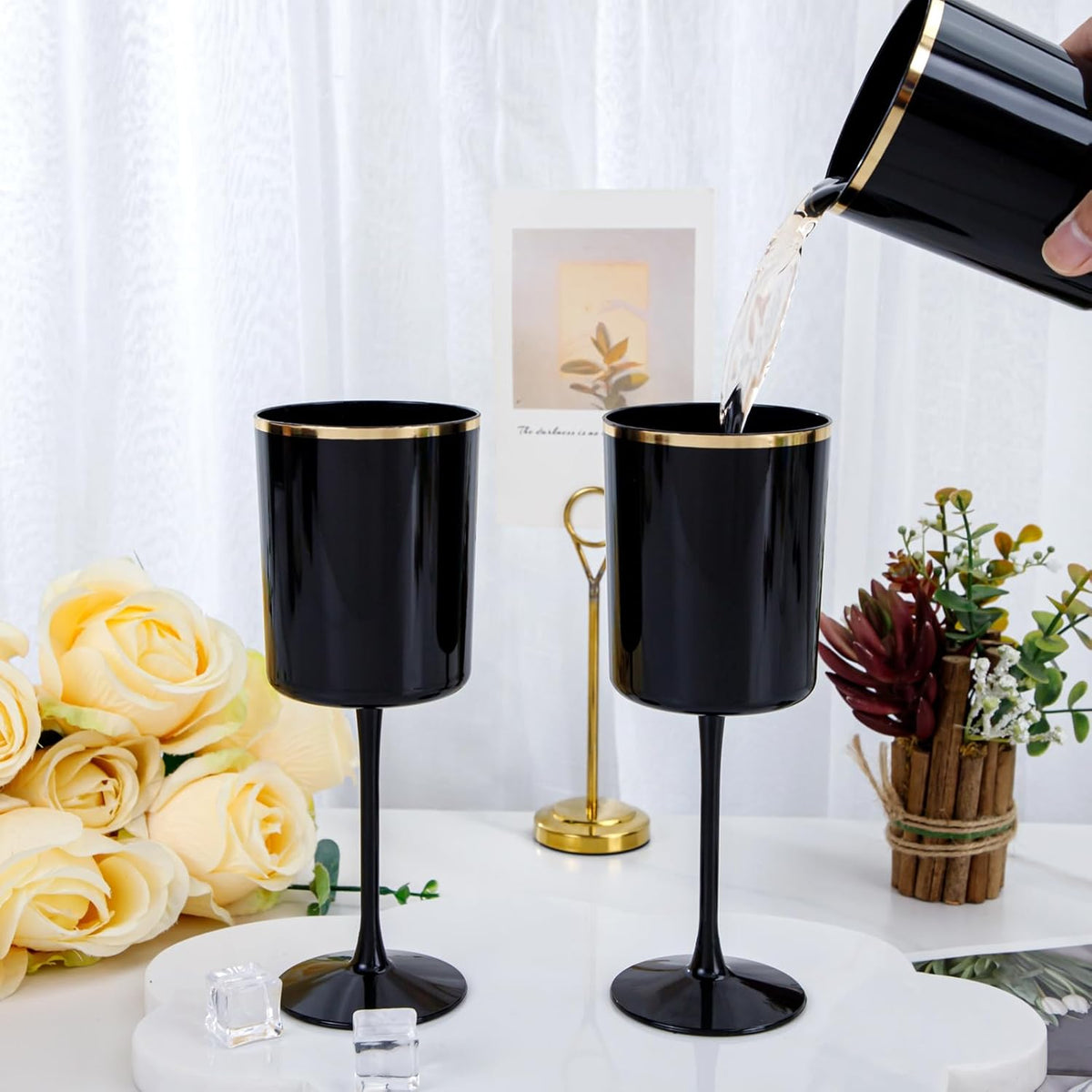Ciaell 12 Pack 10 OZ Black Plastic Wine Glasses with Stem - Black and Gold Disposable Wine Glasses