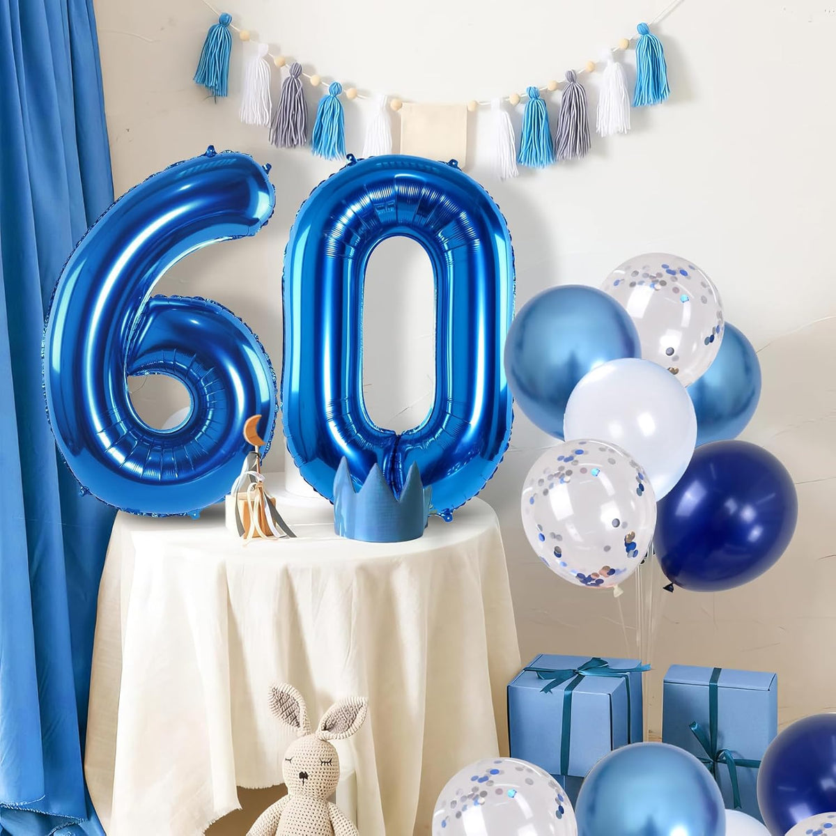60 Balloon Number Blue, Big Number 60 Balloon Pastel Navy Dark Blue with Metallic Silver Confetti