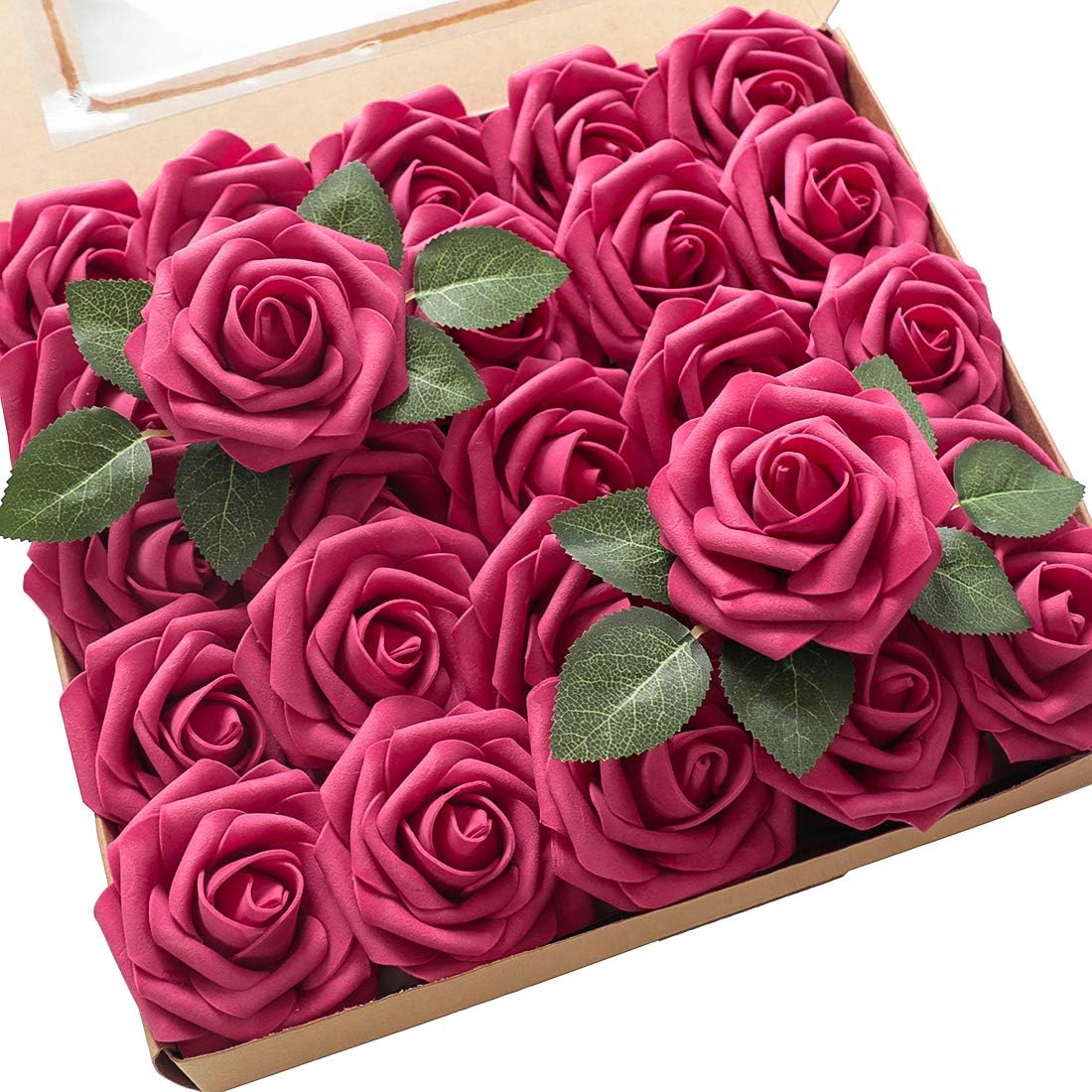 Floroom Artificial Flowers 25pcs Real Looking Fuchsia Foam Fake Roses with Stems for DIY Wedding