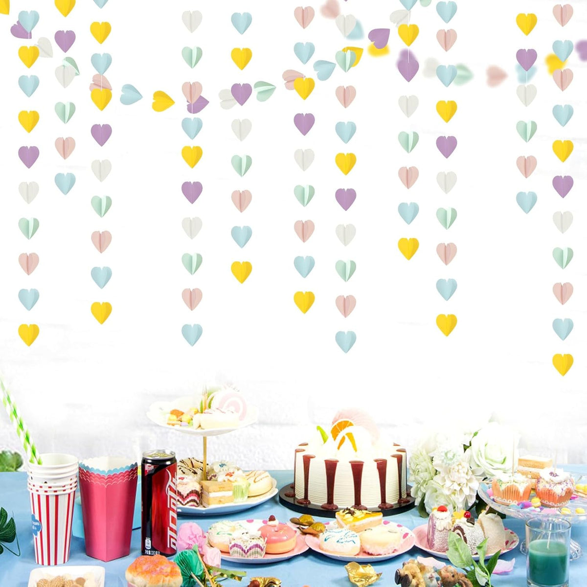 Pastel-Rainbow Party-Decorations 3D Heart Garland - 39Ft Yellow Blue Pink Purple Mint Hanging Paper