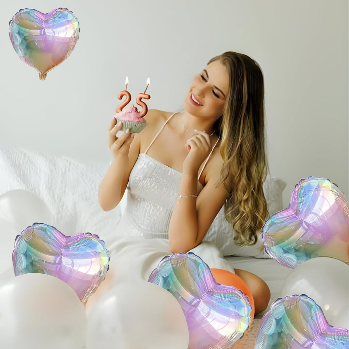 Colorful Heart Ballloons,18 Inch Bright Silver Foil Love Heart Shaped Balloons 12Pcs Silver love