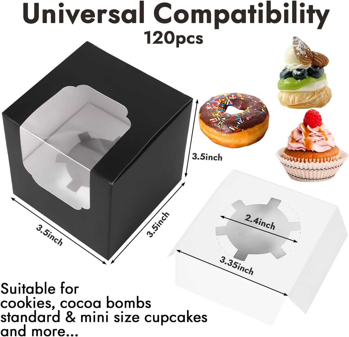 JCD 120 Boxes+120 Inserts Black Cupcake Boxes Individual Cupcake Container 3.5" x 3.5" x 3.5"