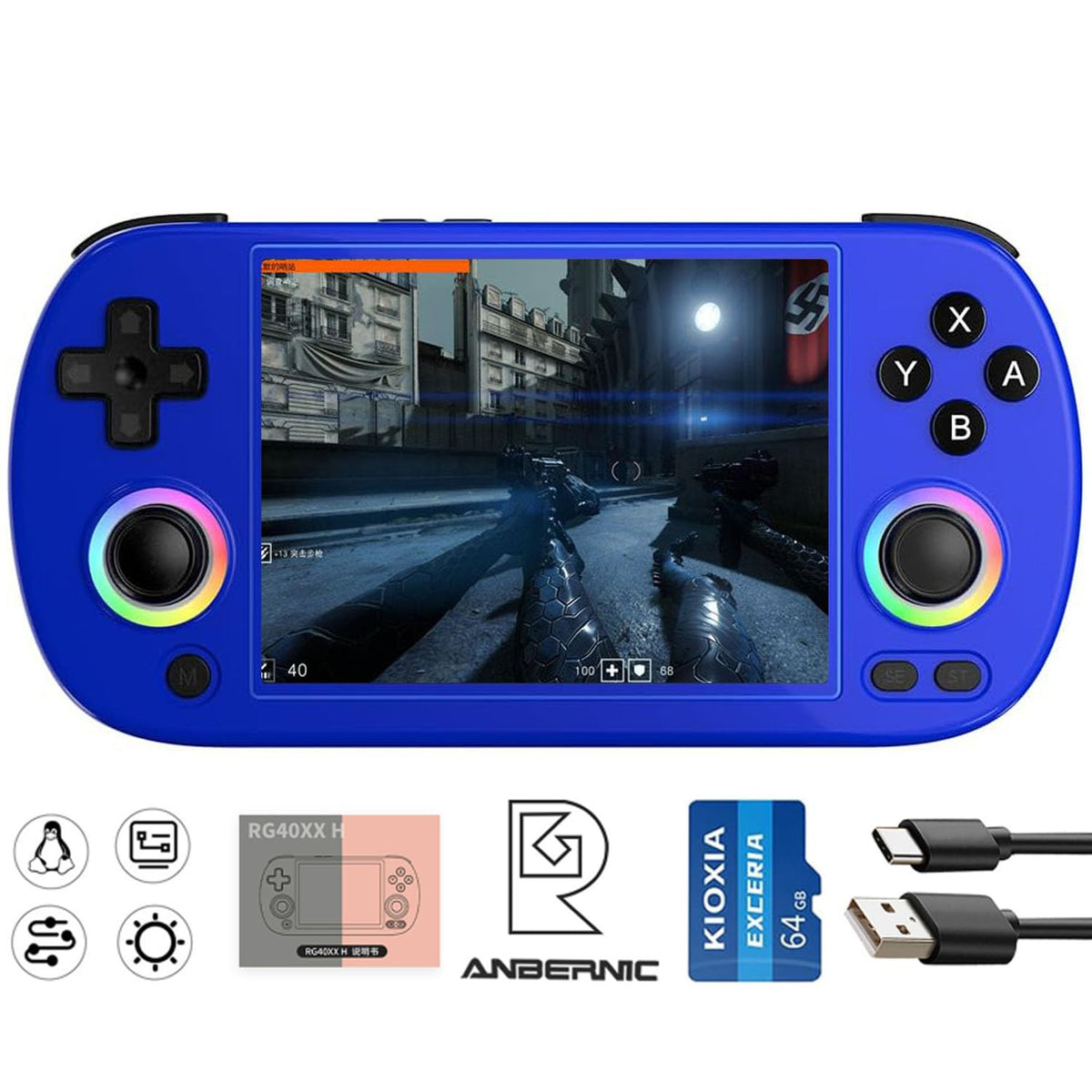 ANBERNIC RG40XX H Retro Gaming Console with 4.0'' IPS Screen, 64GB TF Card, Linux 64-bit System