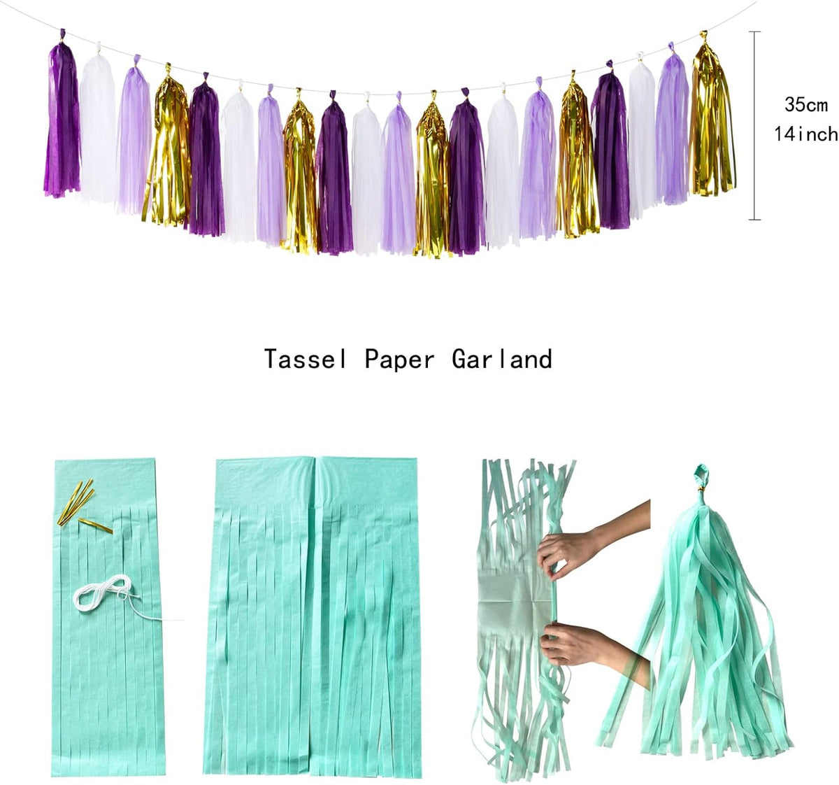 Purple Gold Graduation Decorations - 30pcs Kits Lavender White Paper Flowers,Banner Flags,Tassel