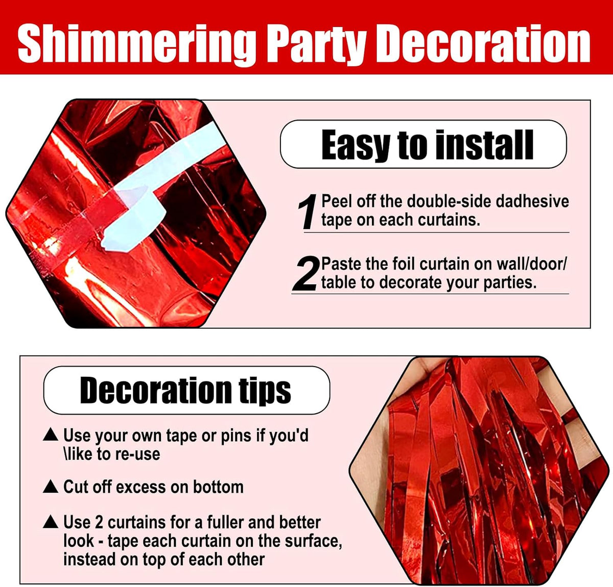 3 Pack Red Foil Fringe Curtain Backdrop, 3.28Ft x 8.2Ft Metallic Tinsel Foil Fringe Streamer
